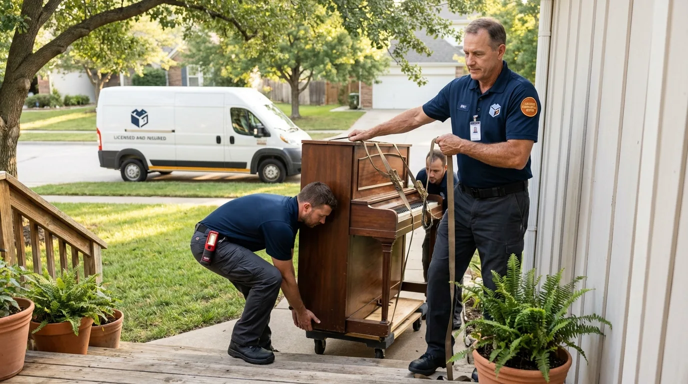 Licensed piano movers securing grand piano in Linn, MO