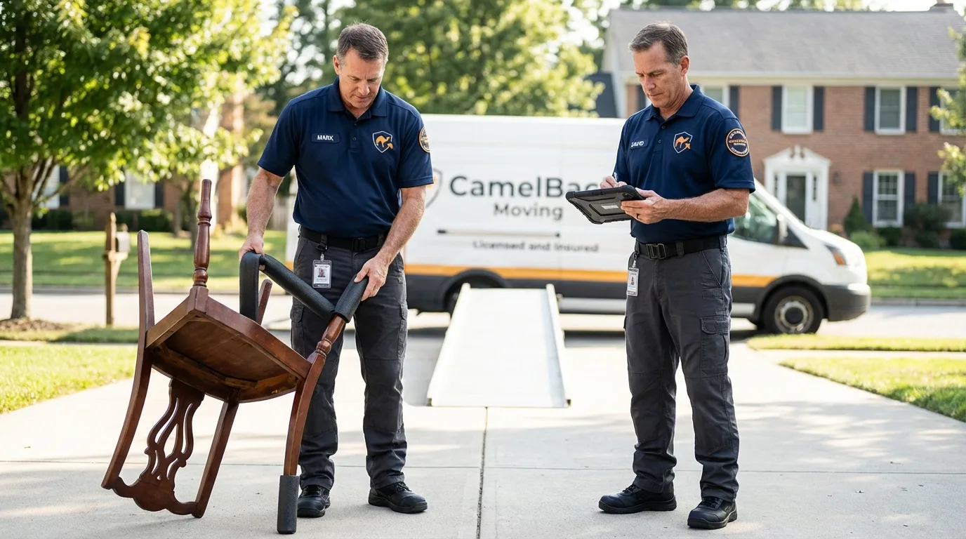 Movers inspecting furniture for damage prevention before loading in Linn, MO