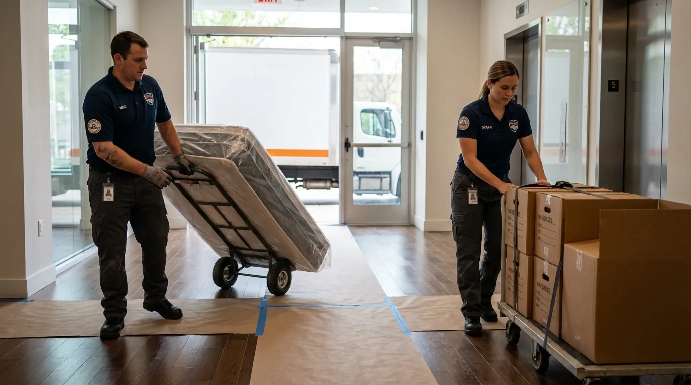 Professional apartment movers loading elevator in Linn, MO