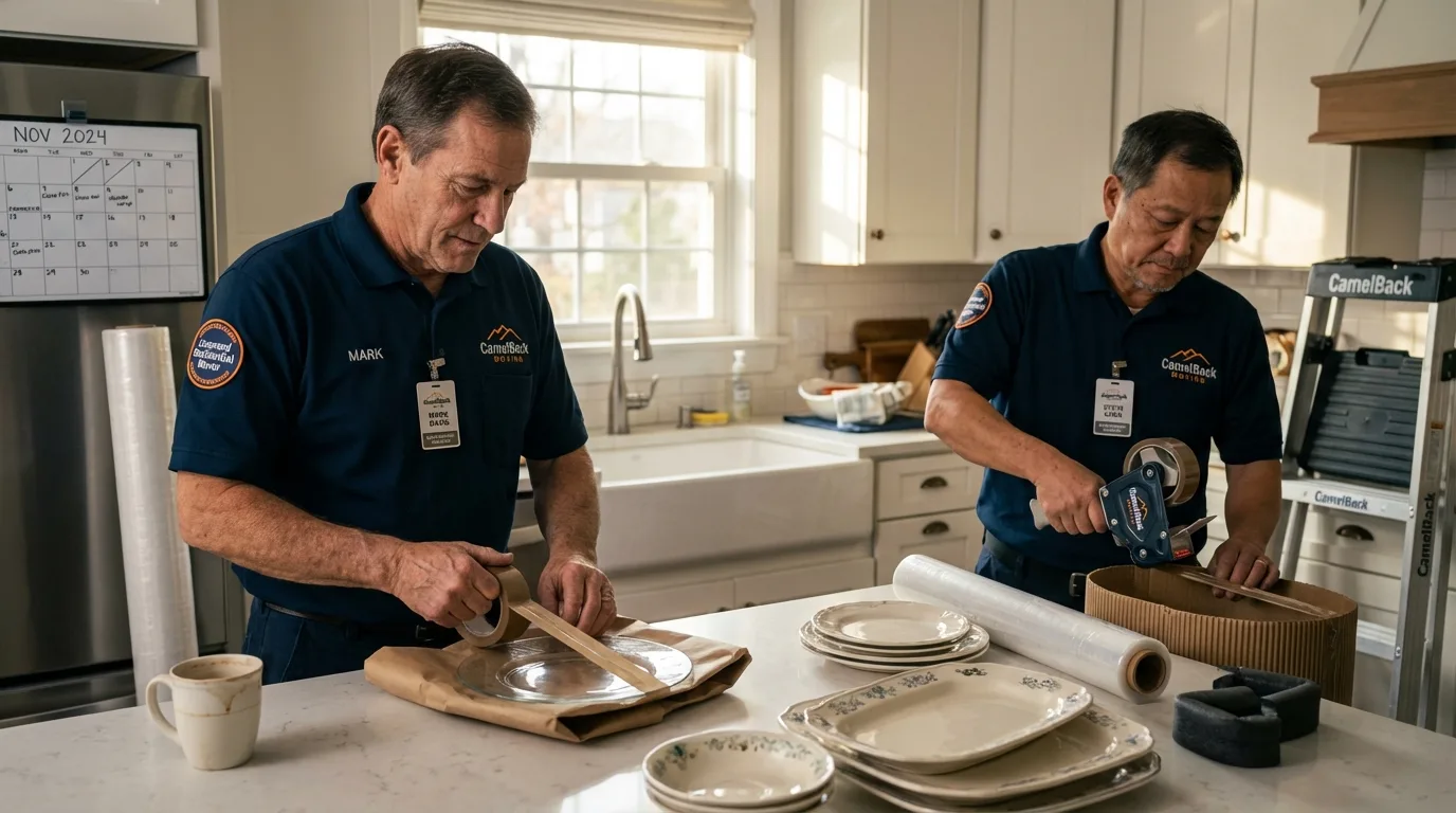 Professional crew packing kitchen dishware in Linn, MO